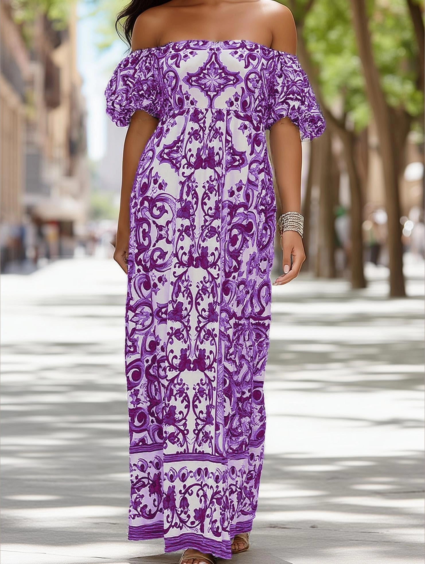 Blush Glow Soft Fabric Bohemian One-Shoulder Maxi Dress ??Printed Flowy Summer Dress