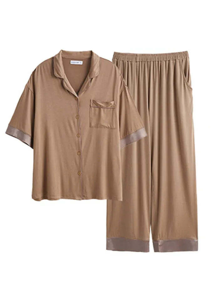 Boho Khaki Peter Pan Collar Button Couple Pajamas Two Pieces Set Half Sleeve LY2839