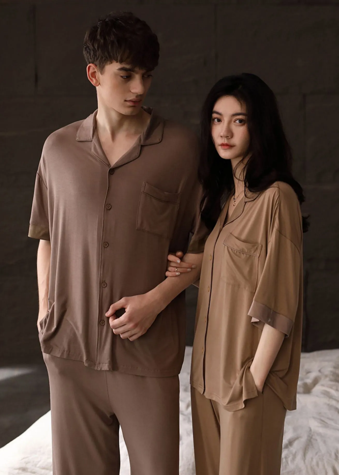 Boho Khaki Peter Pan Collar Button Couple Pajamas Two Pieces Set Half Sleeve LY2839