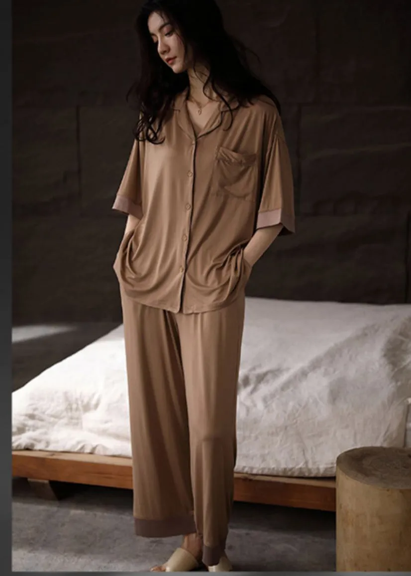Boho Khaki Peter Pan Collar Button Couple Pajamas Two Pieces Set Half Sleeve LY2839