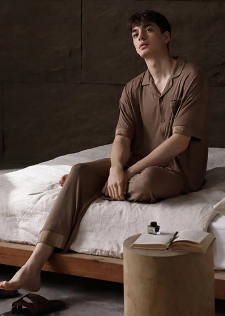 Boho Khaki Peter Pan Collar Button Couple Pajamas Two Pieces Set Half Sleeve LY2839