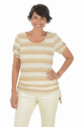 Boho Chic Frayed Stripe Short Sleeve Top Odor Control Technology
