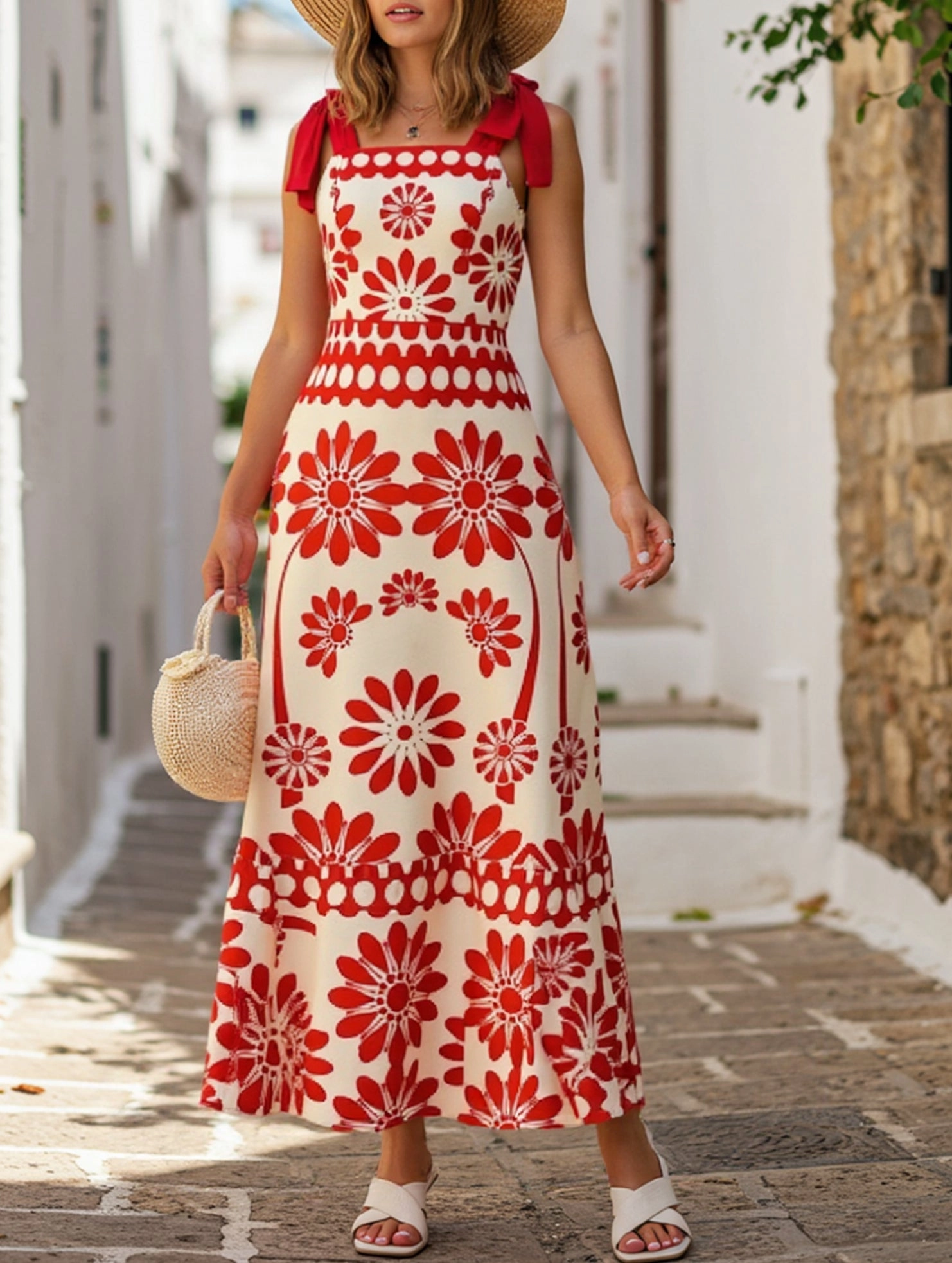 Texture Play Minimal Harmony Boho Chic Locked-Down Floral Strap Dress ??Sleeveless A-Line Summer Maxi Dress