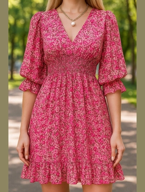 Metallic-Shine Tailored Waistband Boho Floral Print Midi Dress ??Short Sleeve Summer Tunic