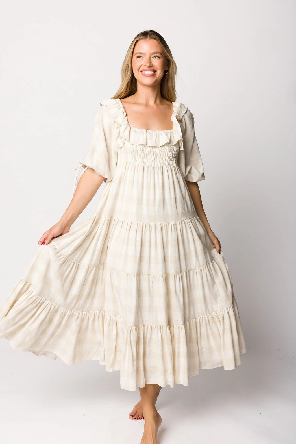 Clea Dress in Natural Plaid - Bump Friendly Pocket-Detail