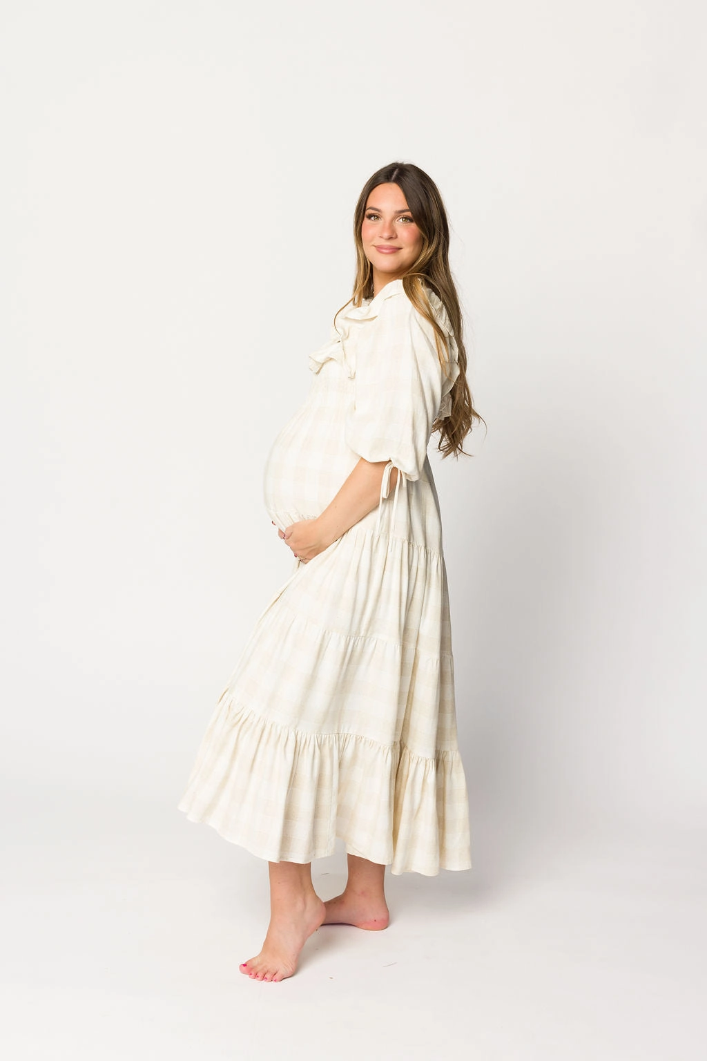 Clea Dress in Natural Plaid - Bump Friendly Trendy Fit Look
