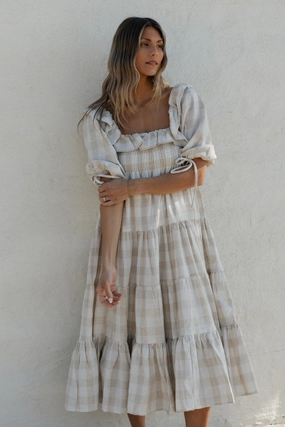Clea Dress in Natural Plaid - Bump Friendly Elegant Layers