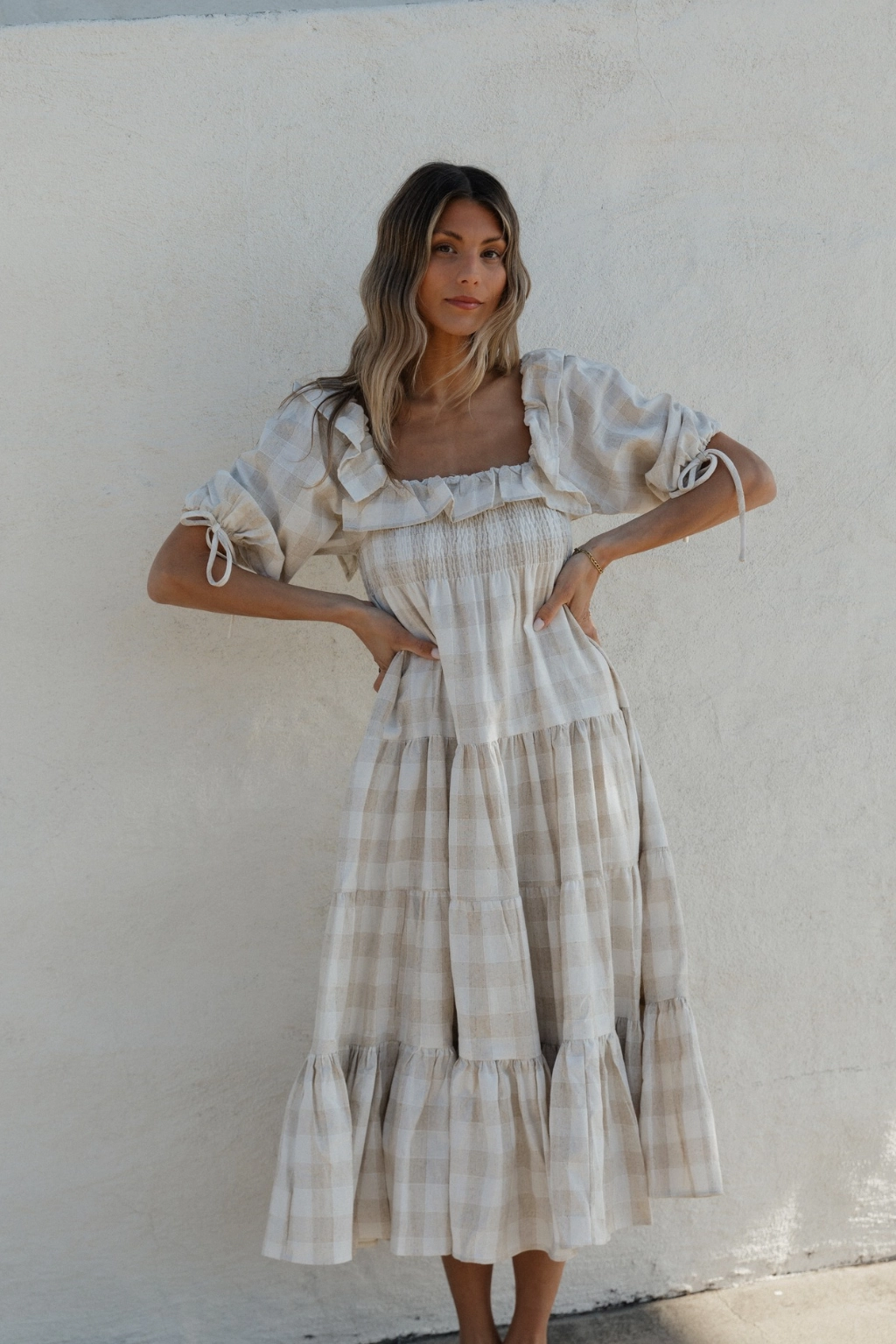 Clea Dress in Natural Plaid - Bump Friendly Smooth Curve