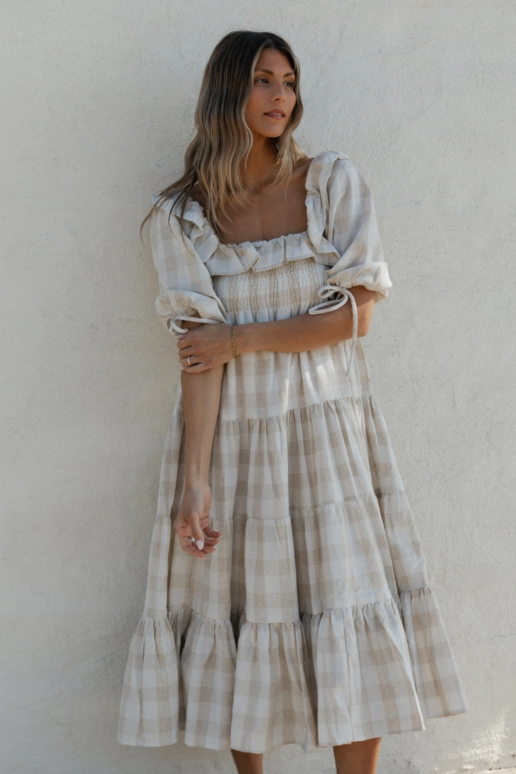 Clea Dress in Natural Plaid - Bump Friendly Elegant Layers