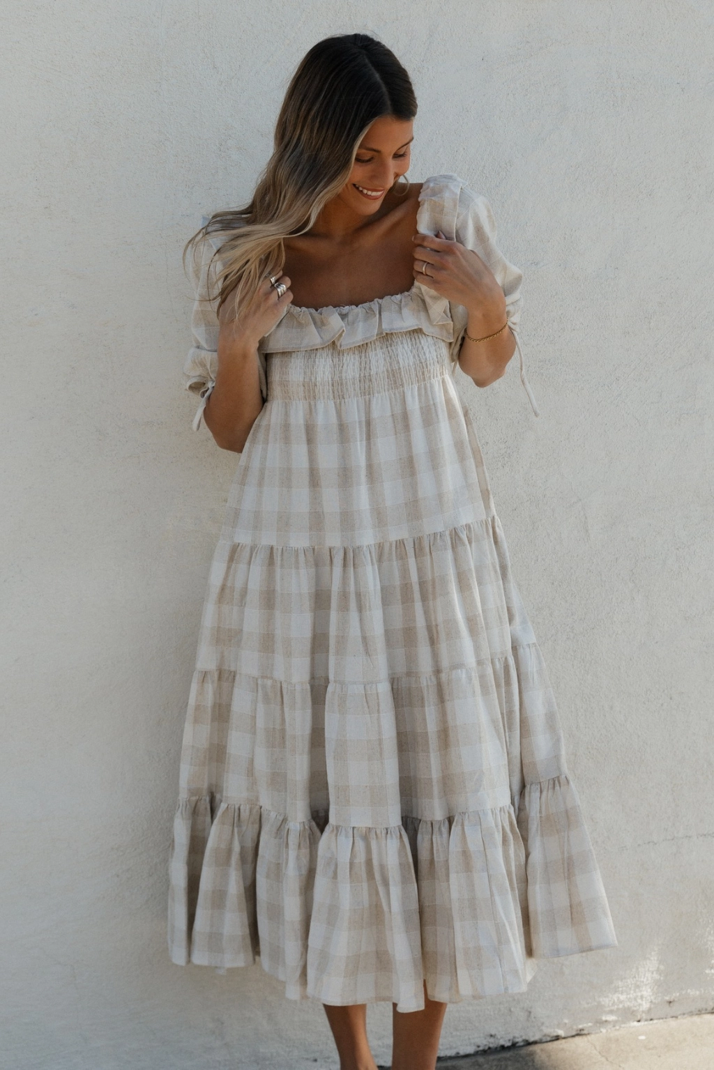 Coastal Chic Clea Dress in Natural Plaid - Bump Friendly