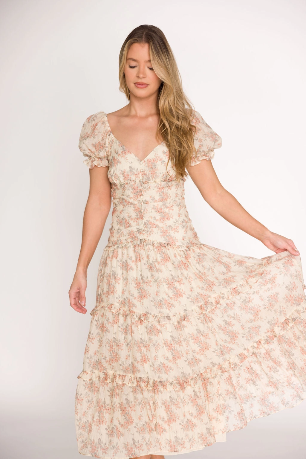 Shade Soft Organic-Fabric Jenna Ruffled Maxi Sundress in Cream/Multi Floral *Final-Sale*