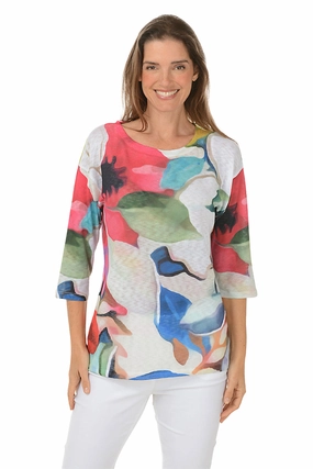 Ribbed Trims Quick Dry Performance Bold Blooms Boat Neck Top