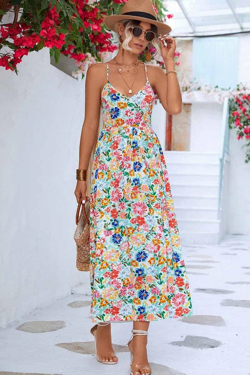Rhinestone-Detail FLORAL V NECK SPAGHETTI STRAP SLIT DRESS