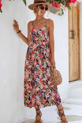 Perfect Fit Wear Feminine Structure FLORAL V NECK SPAGHETTI STRAP SLIT DRESS