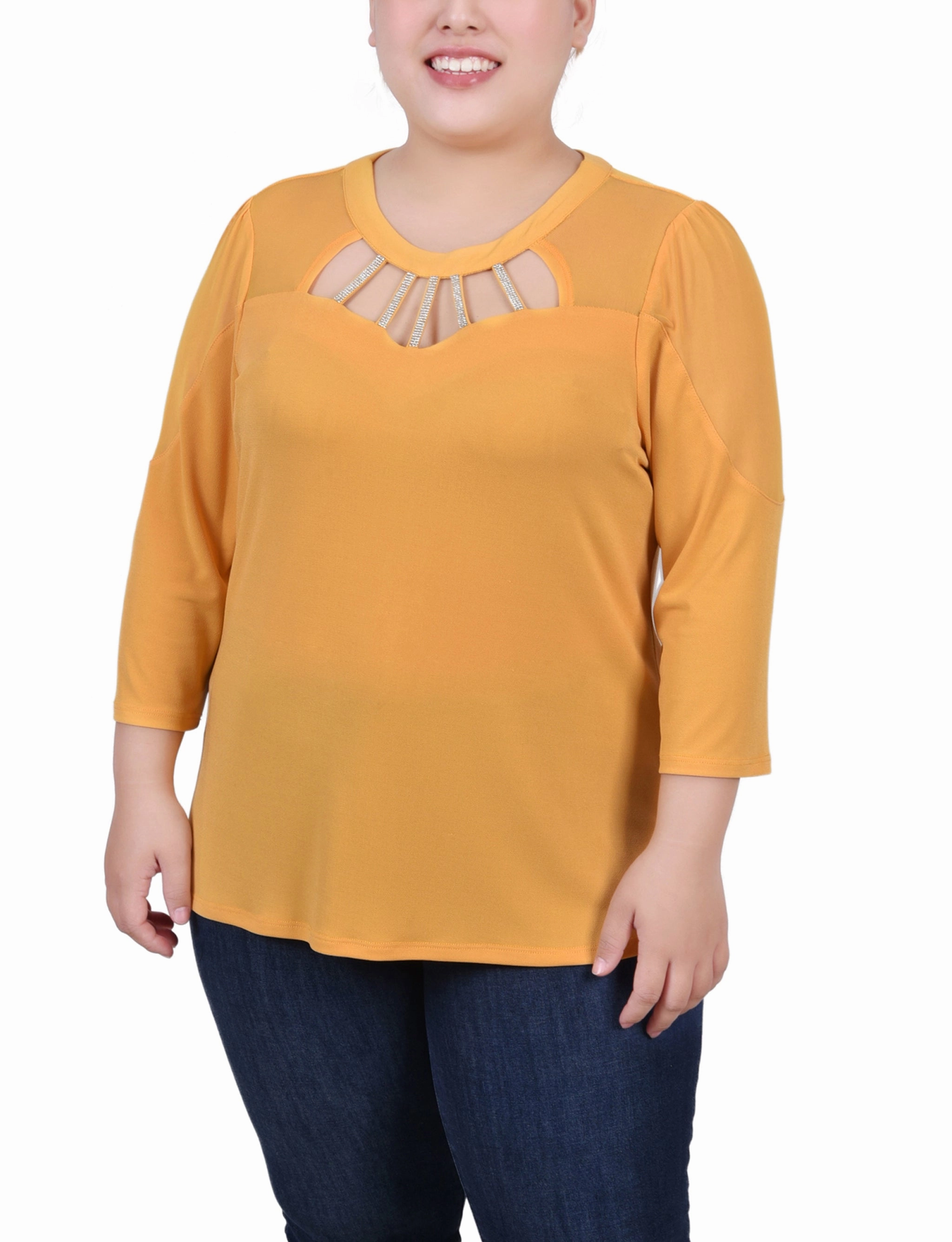 Plus Size 3/4 Sleeve Top With Neckline Cutouts and Stones Vintage Pullover