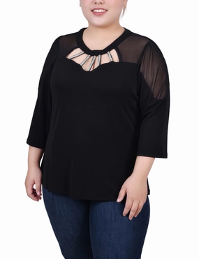 AntiPill Surface Plus Size 3/4 Sleeve Top With Neckline Cutouts and Stones