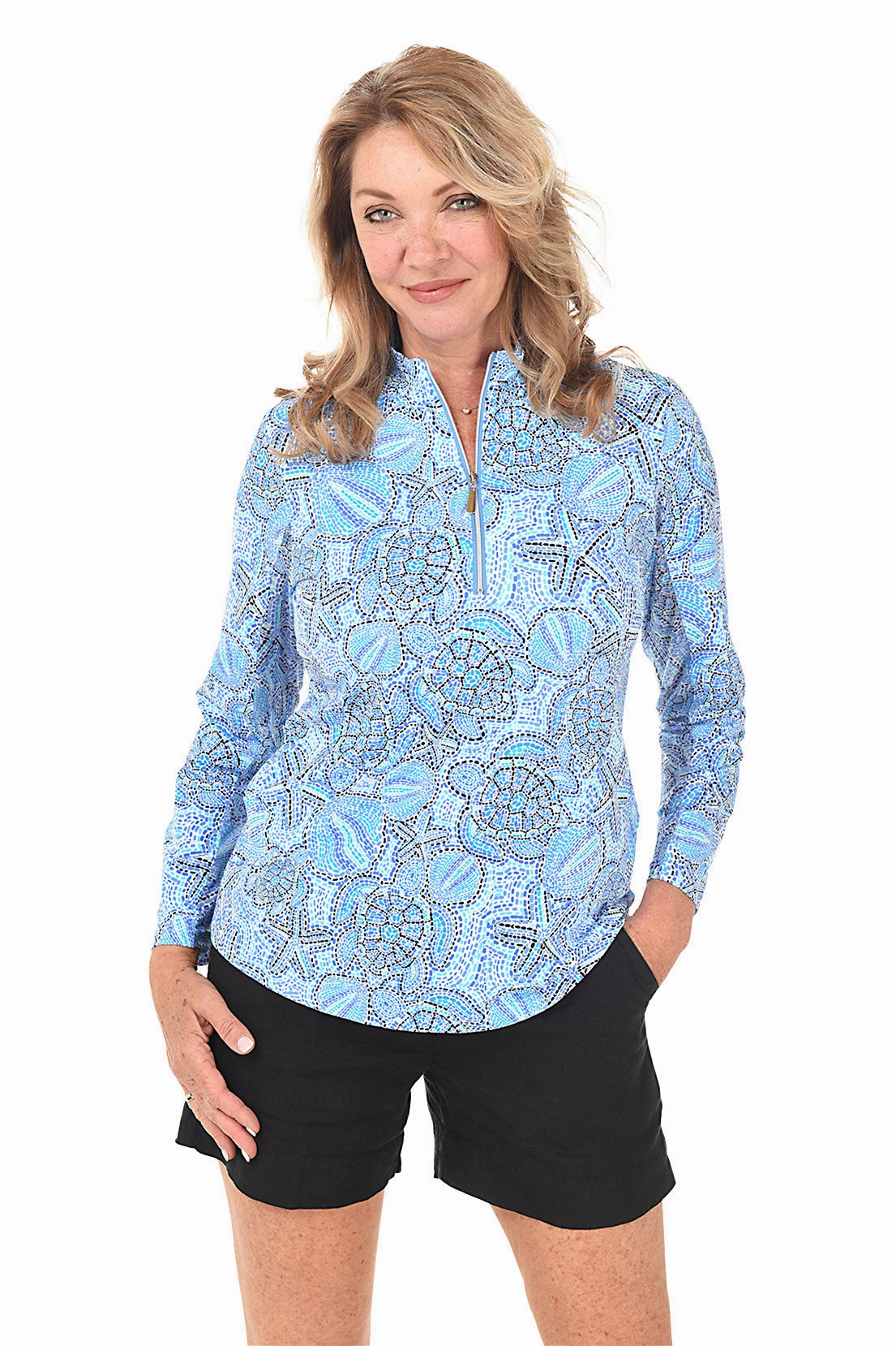Sealife Dots Cooling UPF50  Mock Neck Top DurableStitching Winter Wardrobe