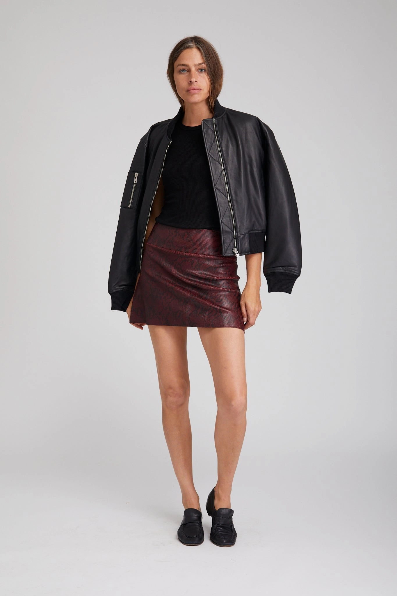 Draped Silhouette Bordeaux A-Line Leather Snake Print Skirt