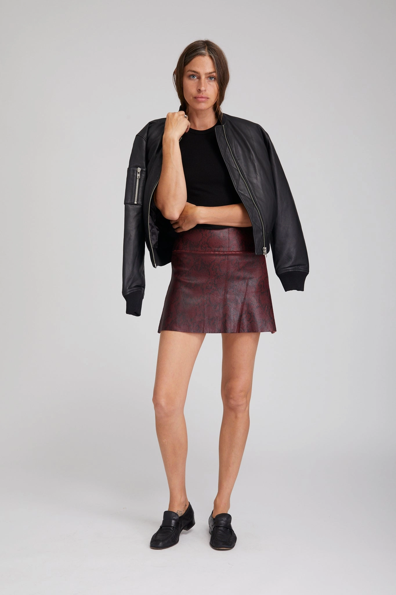 Red Carpet Look Bordeaux A-Line Leather Snake Print Skirt