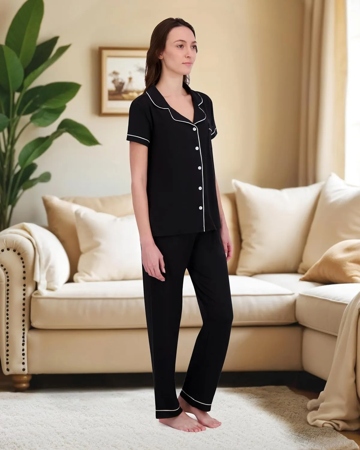 BORN Button Up Pajamas for Women, Soft Pajama Set and Long PJ Pants Set, Women's Sleepwear
