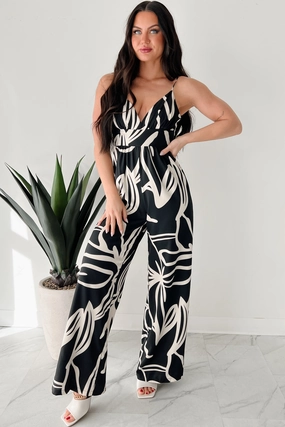 Born To Be Wild Printed Wide Leg Jumpsuit (Black/Ivory) Comfortable Fabric