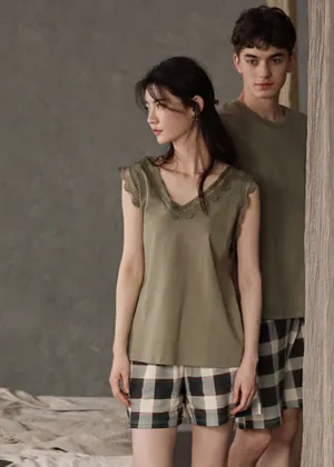 Boutique Green Lace Patchwork Cotton Couple Pajamas Two Pieces Set Summer LY2834