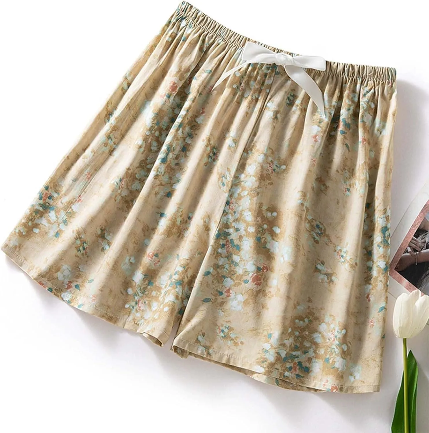Boxer Shorts for Women Comfy Summer Thin Elastic Waist Pjs Bottoms Floral Printed Sleepwear Loose Lounge Pajama Shorts