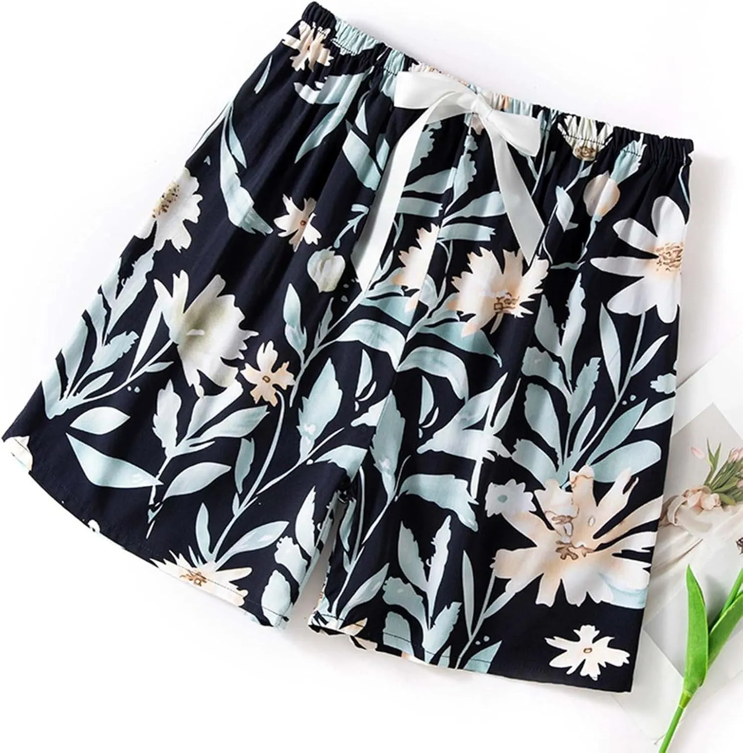 Boxer Shorts for Women Comfy Summer Thin Elastic Waist Pjs Bottoms Floral Printed Sleepwear Loose Lounge Pajama Shorts