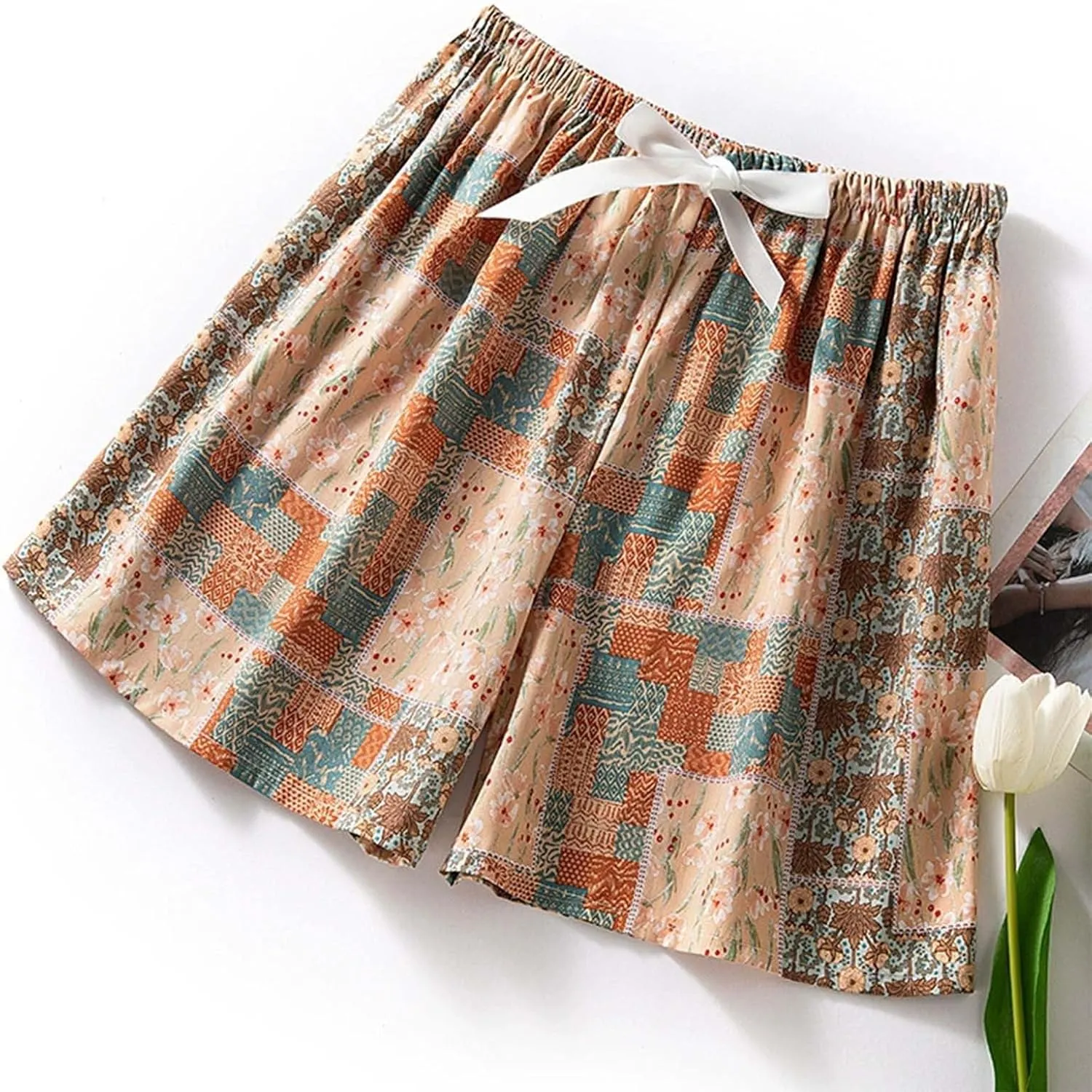 Boxer Shorts for Women Comfy Summer Thin Elastic Waist Pjs Bottoms Floral Printed Sleepwear Loose Lounge Pajama Shorts