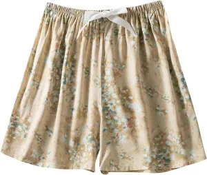 Boxer Shorts for Women Comfy Summer Thin Elastic Waist Pjs Bottoms Floral Printed Sleepwear Loose Lounge Pajama Shorts