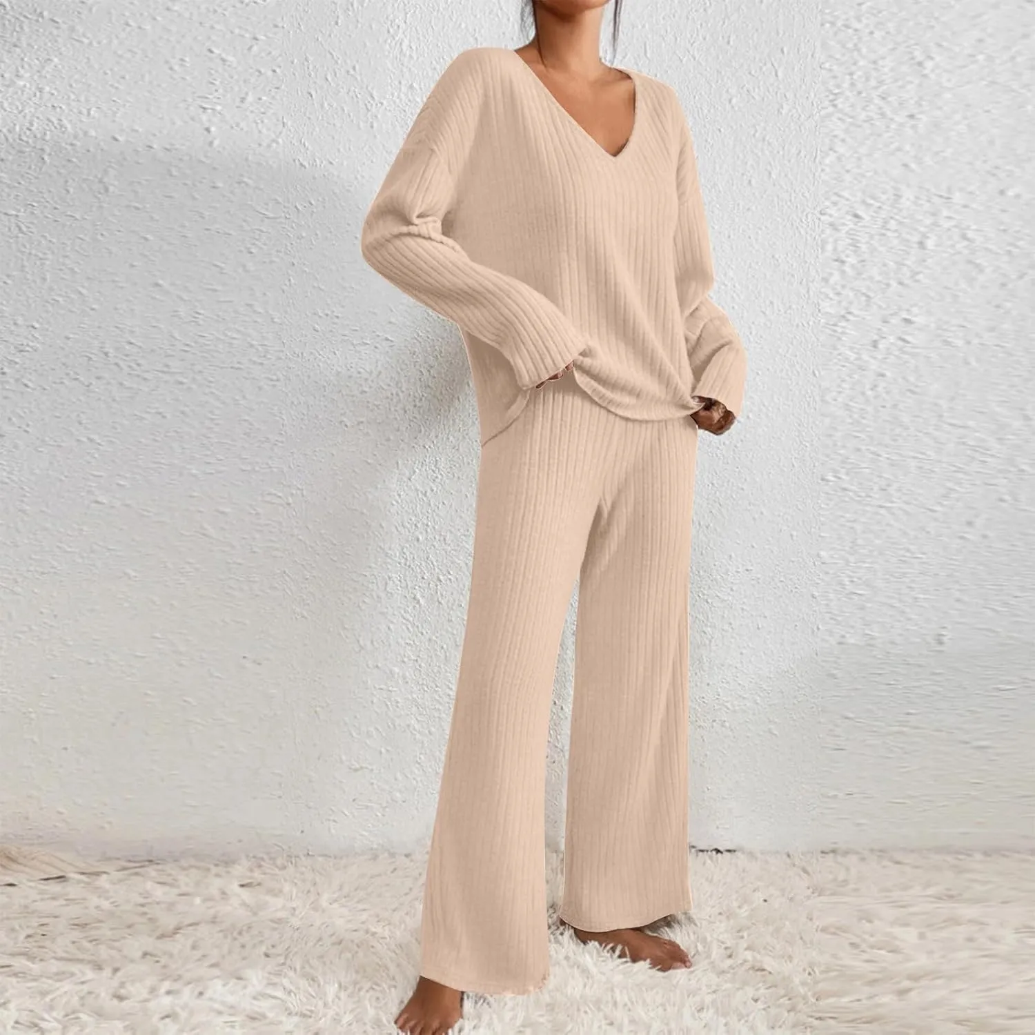 BOXIACEY Women's 2 Piece Outfits Long Sleeve Knit Sweater Top Wide Leg Pants Tracksuit Matching Sets Loungewear Set