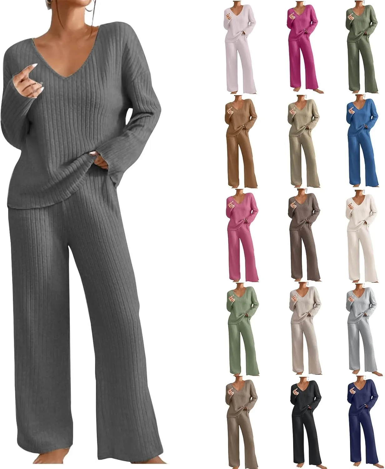 BOXIACEY Women's 2 Piece Outfits Long Sleeve Knit Sweater Top Wide Leg Pants Tracksuit Matching Sets Loungewear Set