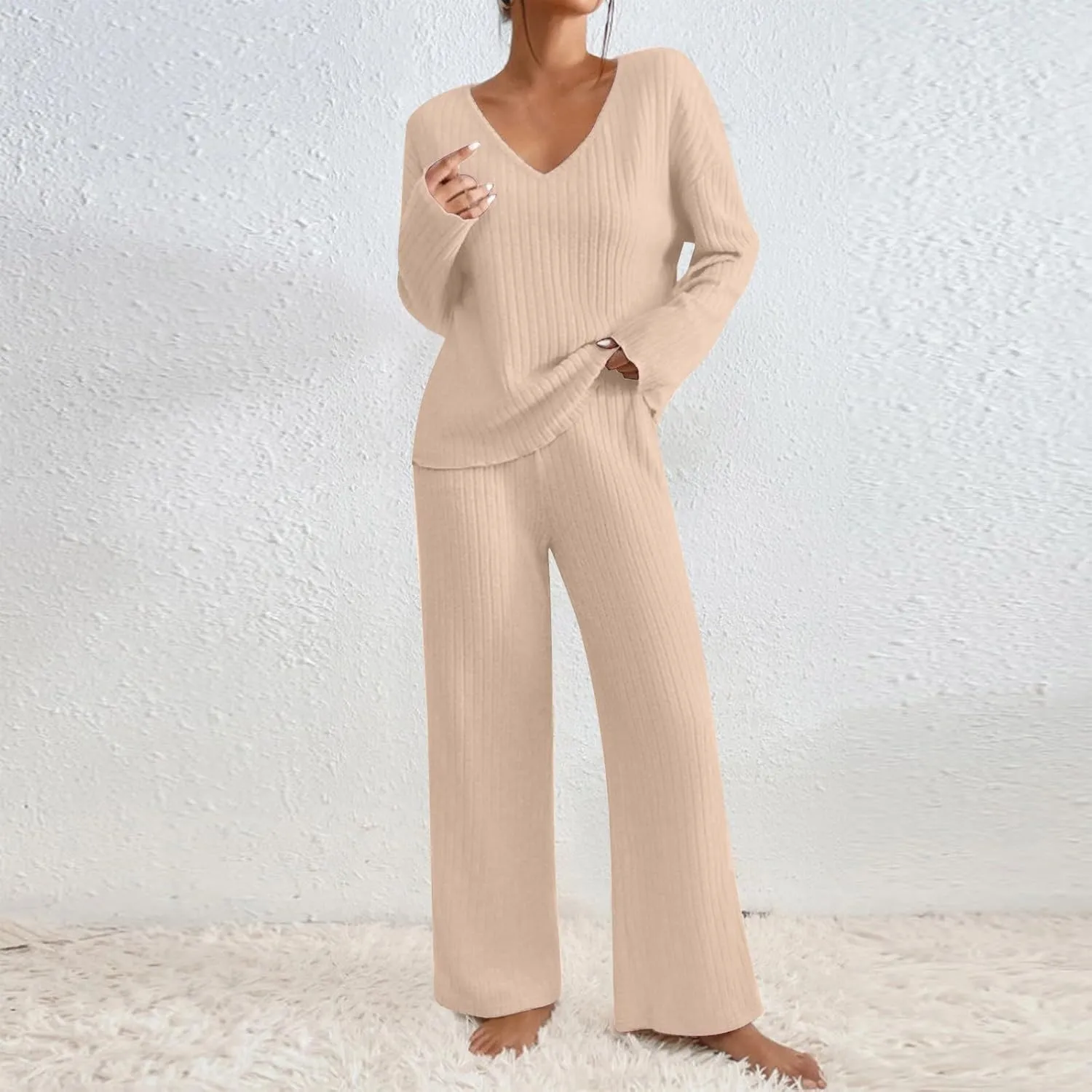 BOXIACEY Women's 2 Piece Outfits Long Sleeve Knit Sweater Top Wide Leg Pants Tracksuit Matching Sets Loungewear Set