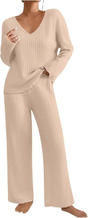 BOXIACEY Women's 2 Piece Outfits Long Sleeve Knit Sweater Top Wide Leg Pants Tracksuit Matching Sets Loungewear Set