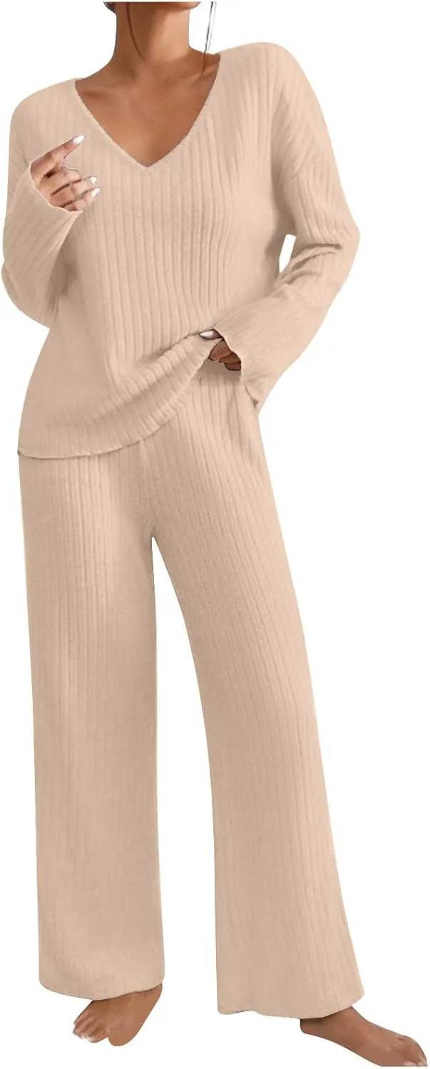 BOXIACEY Women's 2 Piece Outfits Long Sleeve Knit Sweater Top Wide Leg Pants Tracksuit Matching Sets Loungewear Set