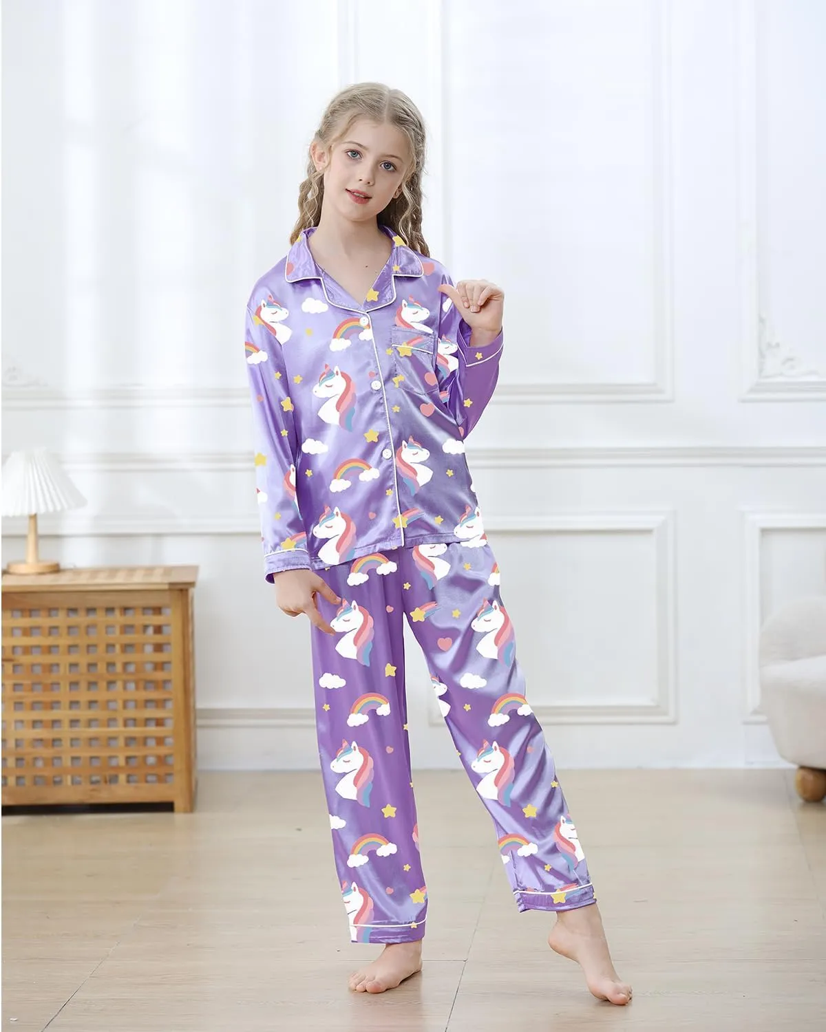 Boys Girls Pajama Set 2 Pieces Cute Girls Satin Pajamas Long Sleeve   Pants, Silky Button Down PJ Set Size 5-14