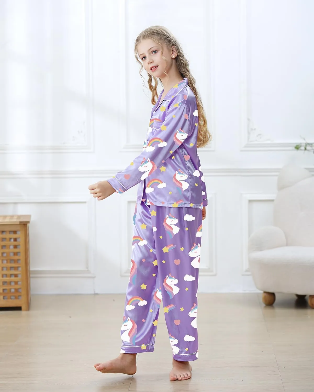 Boys Girls Pajama Set 2 Pieces Cute Girls Satin Pajamas Long Sleeve   Pants, Silky Button Down PJ Set Size 5-14