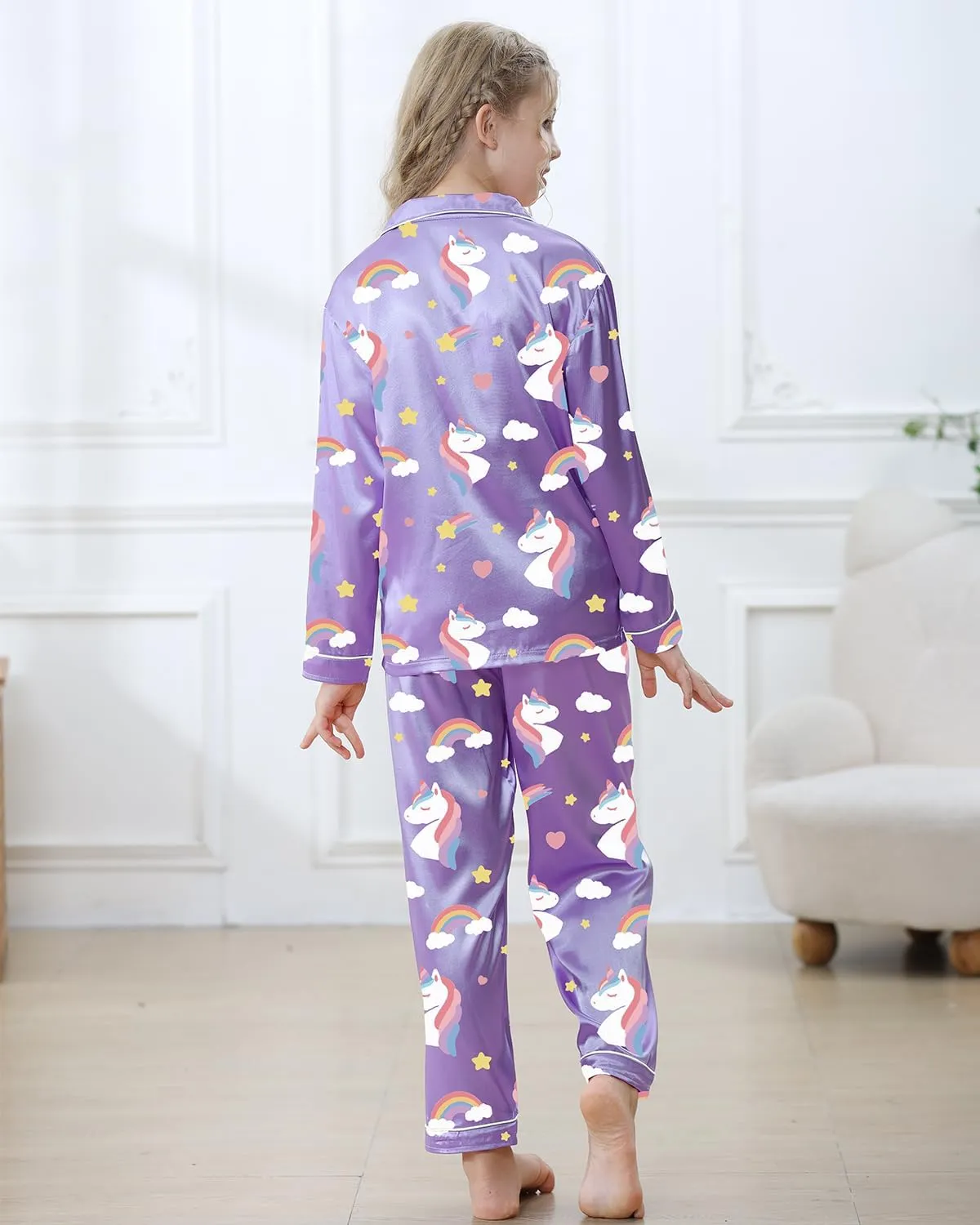 Boys Girls Pajama Set 2 Pieces Cute Girls Satin Pajamas Long Sleeve   Pants, Silky Button Down PJ Set Size 5-14