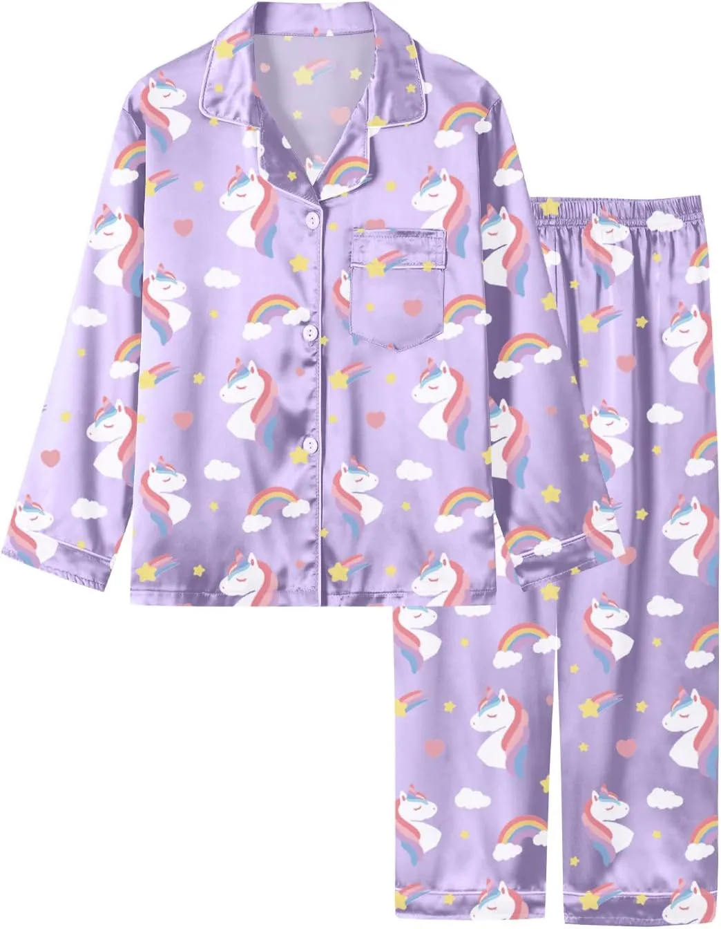 Boys Girls Pajama Set 2 Pieces Cute Girls Satin Pajamas Long Sleeve   Pants, Silky Button Down PJ Set Size 5-14
