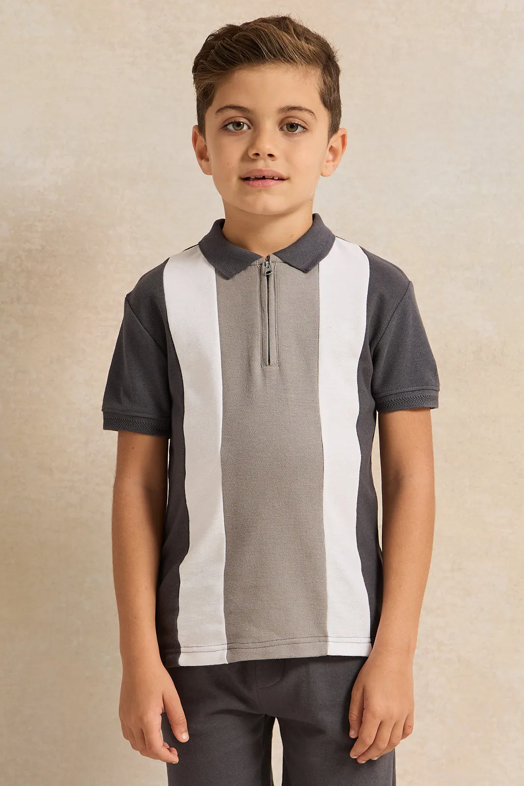 Boys Grey Striped T-Shirt And Shorts Set (2 Piece)