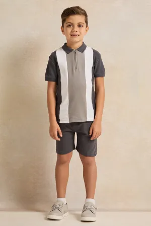 Boys Grey Striped T-Shirt And Shorts Set (2 Piece)