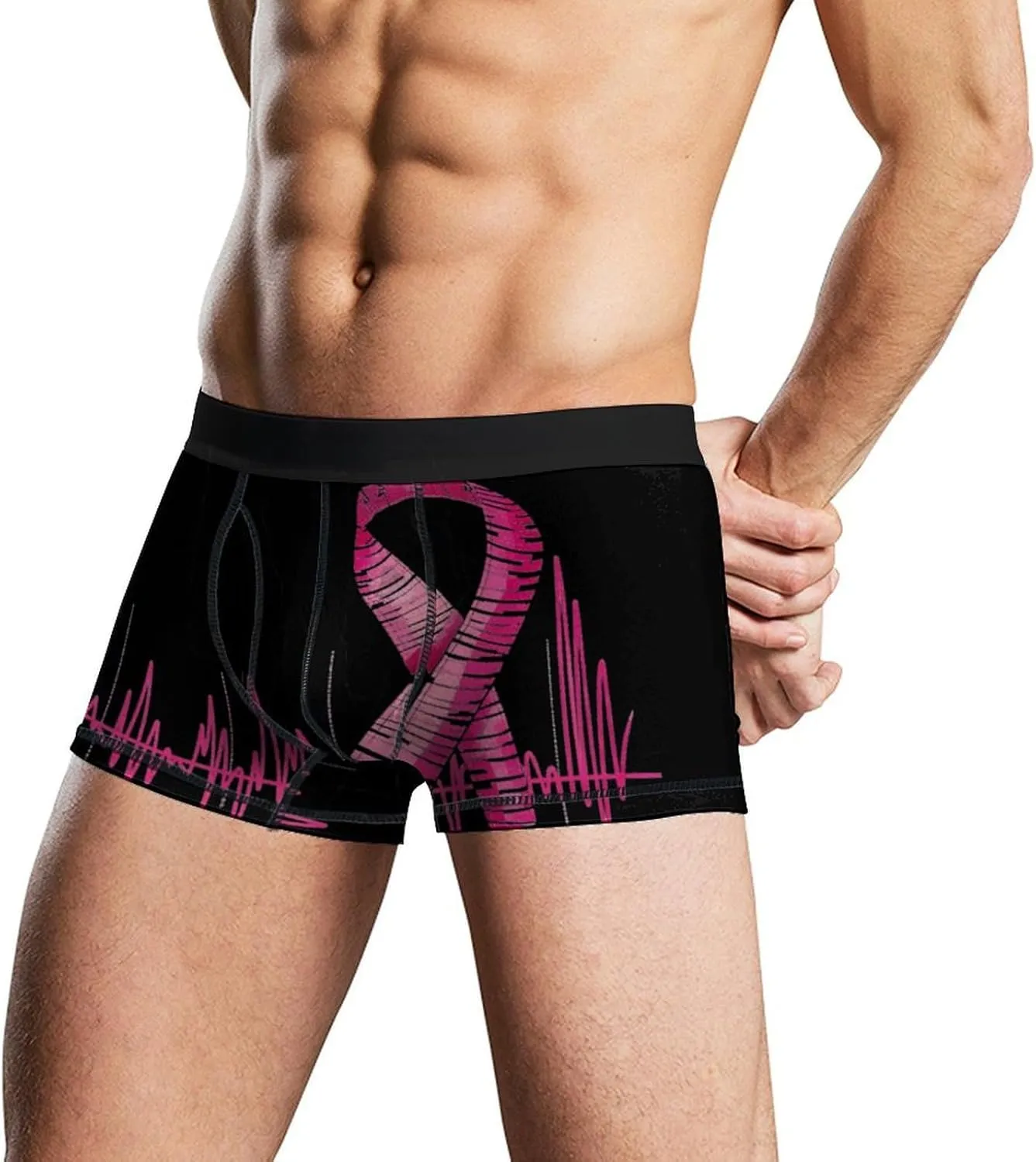 Breast Cancer Heartbeat Ribbon Mens Boxer Brief Funny Underwear Trunks Breathable Soft Printed Shorts
