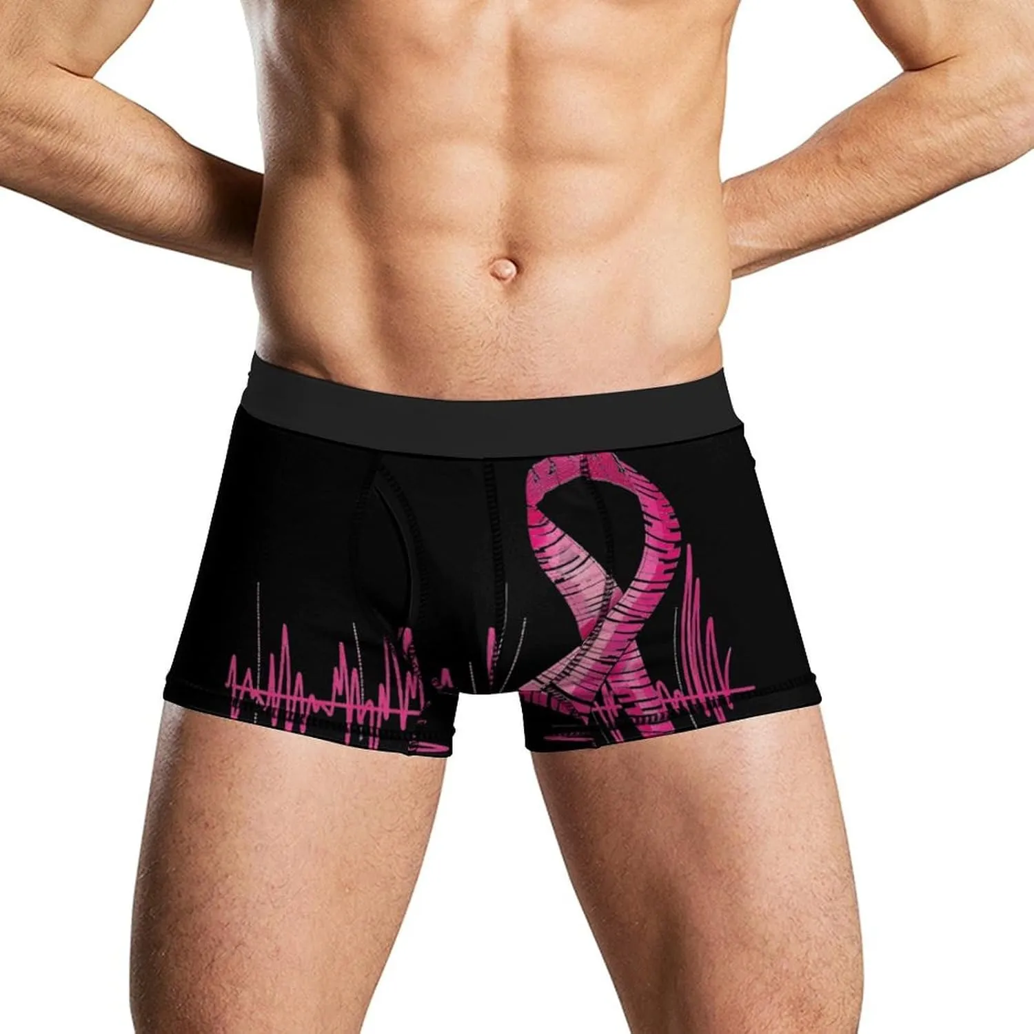 Breast Cancer Heartbeat Ribbon Mens Boxer Brief Funny Underwear Trunks Breathable Soft Printed Shorts