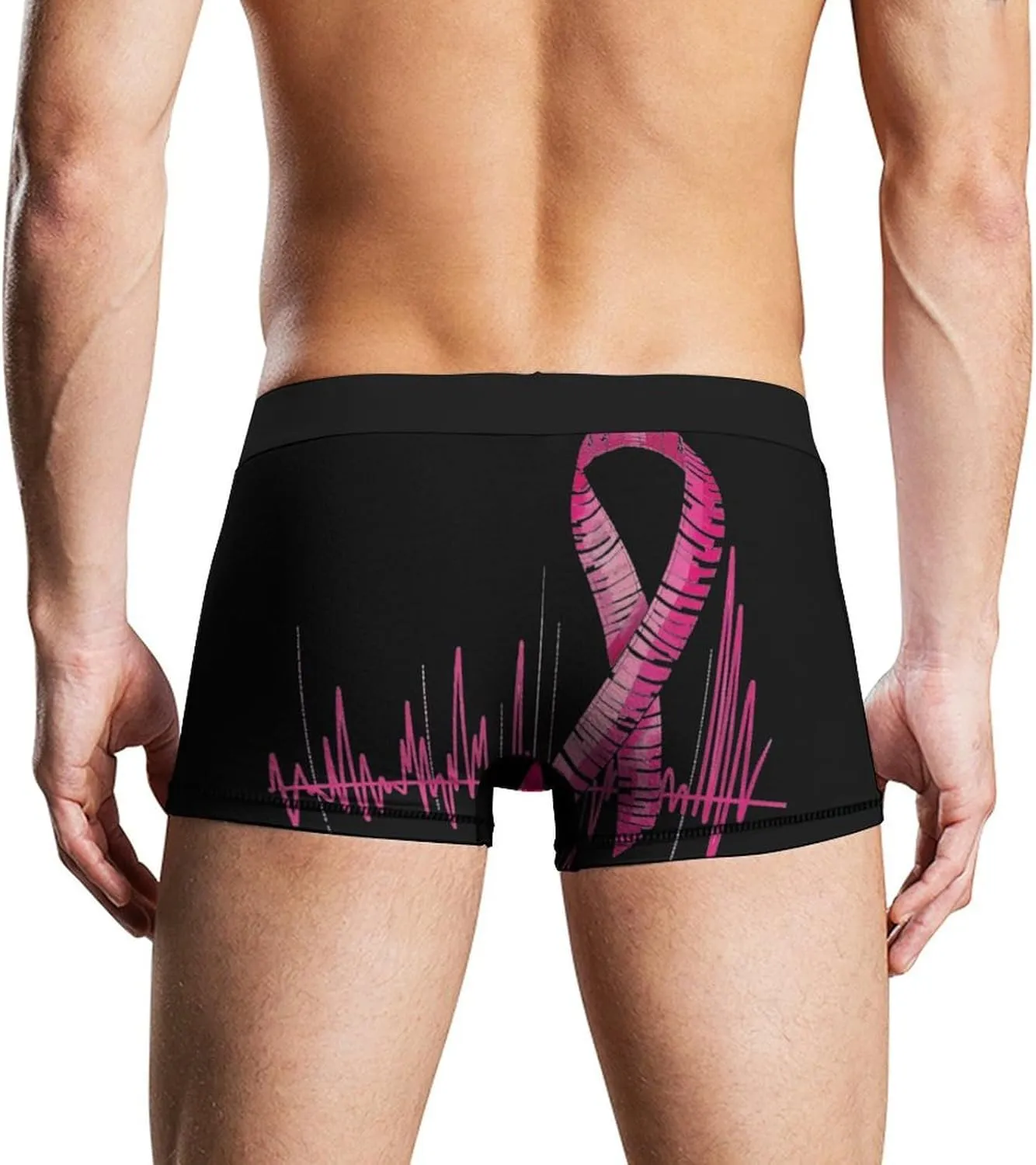 Breast Cancer Heartbeat Ribbon Mens Boxer Brief Funny Underwear Trunks Breathable Soft Printed Shorts