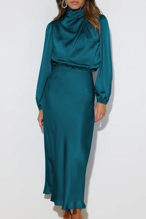Chic Waistband Design SATIN LONG SLEEVED LOOSE MAXI DRESS