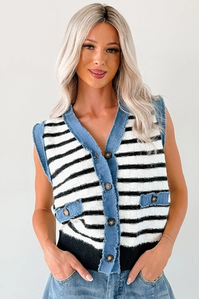 Born For Bold Striped Denim Trim Vest Top (Black/White) FlexibleKnit CrossGrain Fabric