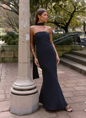 Under The Pagoda Maxi Dress - Black Polkadot Seasonal Must-Have Soft Layers