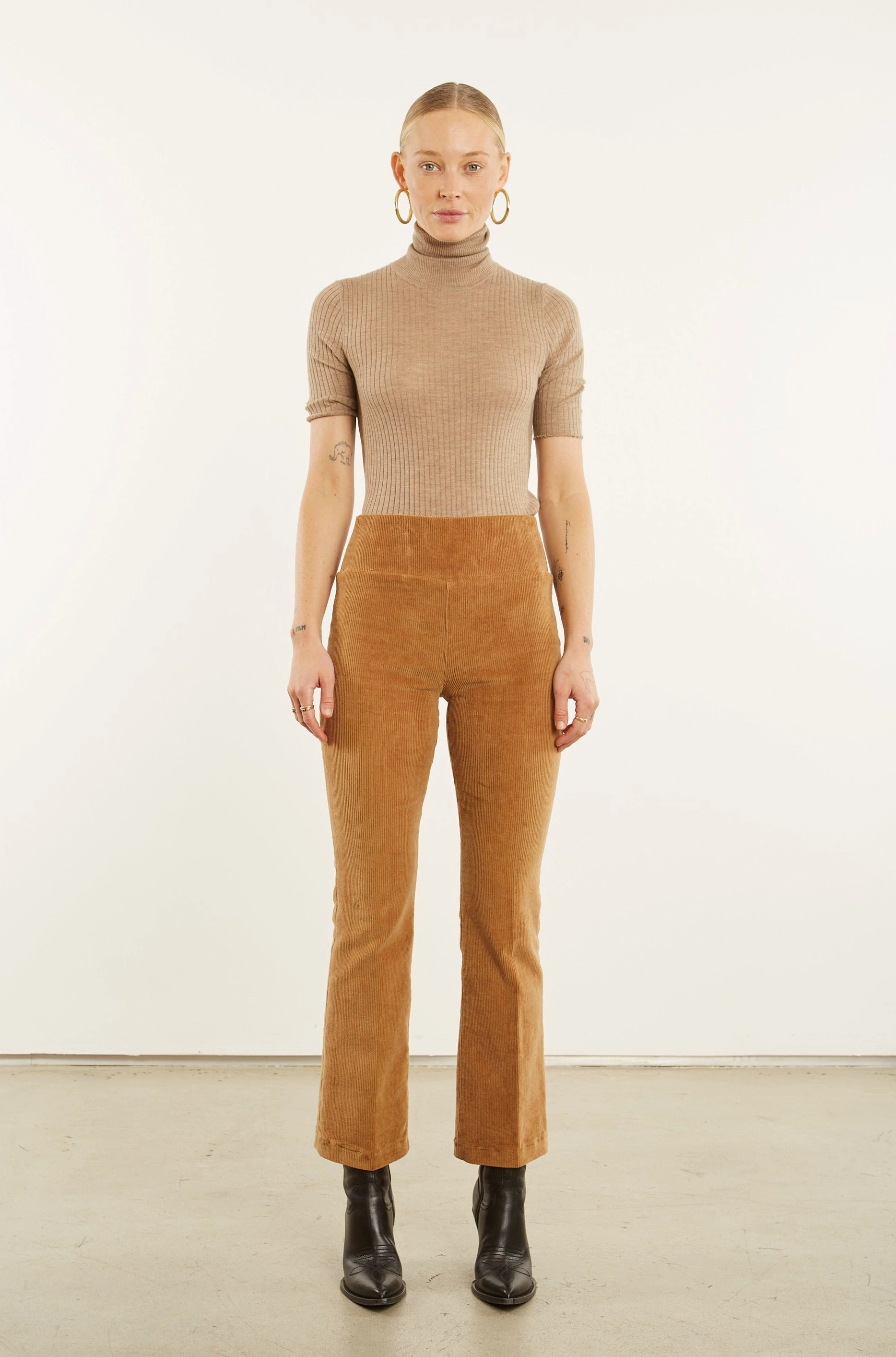 Camel Corduroy Ankle Flare Pants Comfort Waist