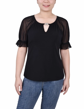Odor Resistant Fabric Compact Weave Fabric Petite Short Ruffle Sleeve Top With Rhinestones
