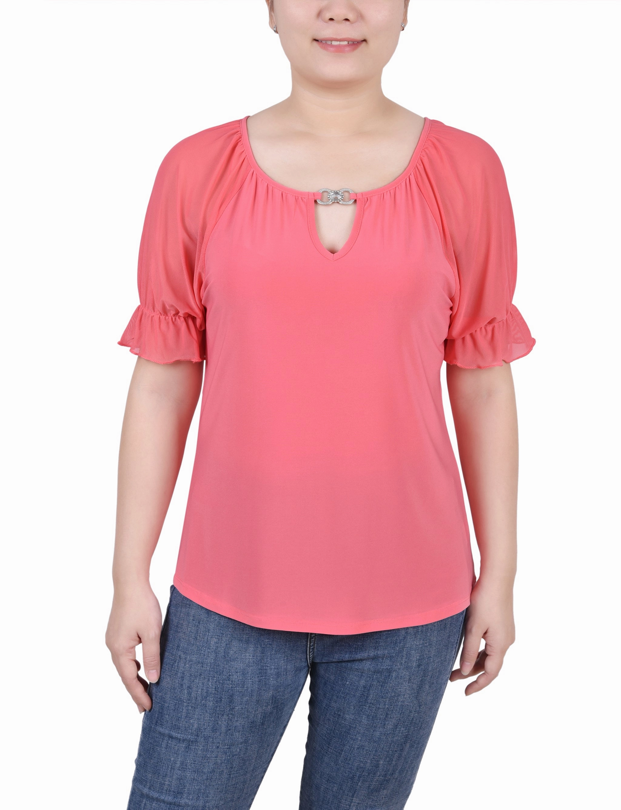 Contrast Topstitching Detail FlexibleRibbedTrims Petite Short Ruffle Sleeve Top With Rhinestones
